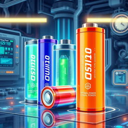 A detailed illustration of optimum power lithium batteries, showcasing their sleek design, vibrant colors, and cutting-edge technology