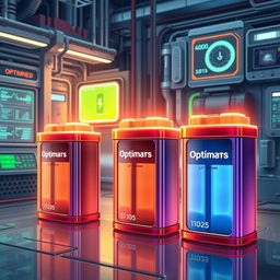 A detailed illustration of optimum power lithium batteries, showcasing their sleek design, vibrant colors, and cutting-edge technology