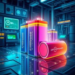 A detailed illustration of optimum power lithium batteries, showcasing their sleek design, vibrant colors, and cutting-edge technology