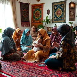 A vivid and intimate scene of a mother sitting on a beautifully patterned carpet in a cozy living room, cradling her child lovingly