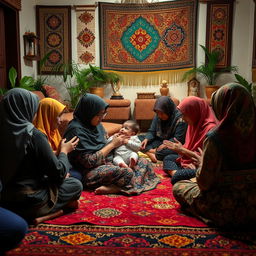 A vivid and intimate scene of a mother sitting on a beautifully patterned carpet in a cozy living room, cradling her child lovingly