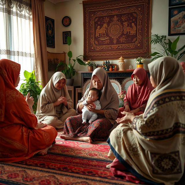 A vivid and intimate scene of a mother sitting on a beautifully patterned carpet in a cozy living room, cradling her child lovingly