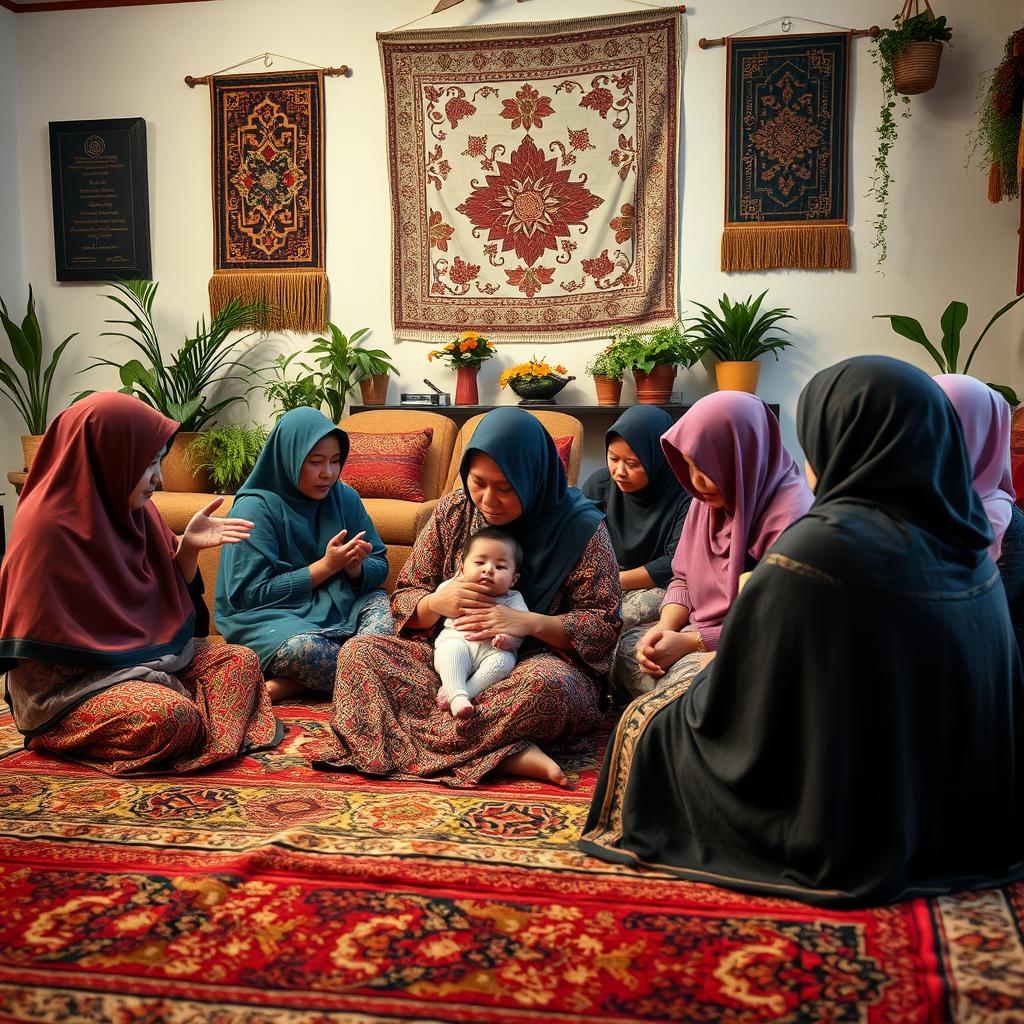 A vivid and intimate scene of a mother sitting on a beautifully patterned carpet in a cozy living room, cradling her child lovingly