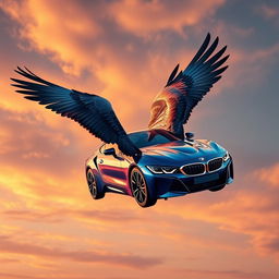 A stylized BMW car transformed into a majestic bird, showcasing sleek automotive lines blended seamlessly with intricate feather details