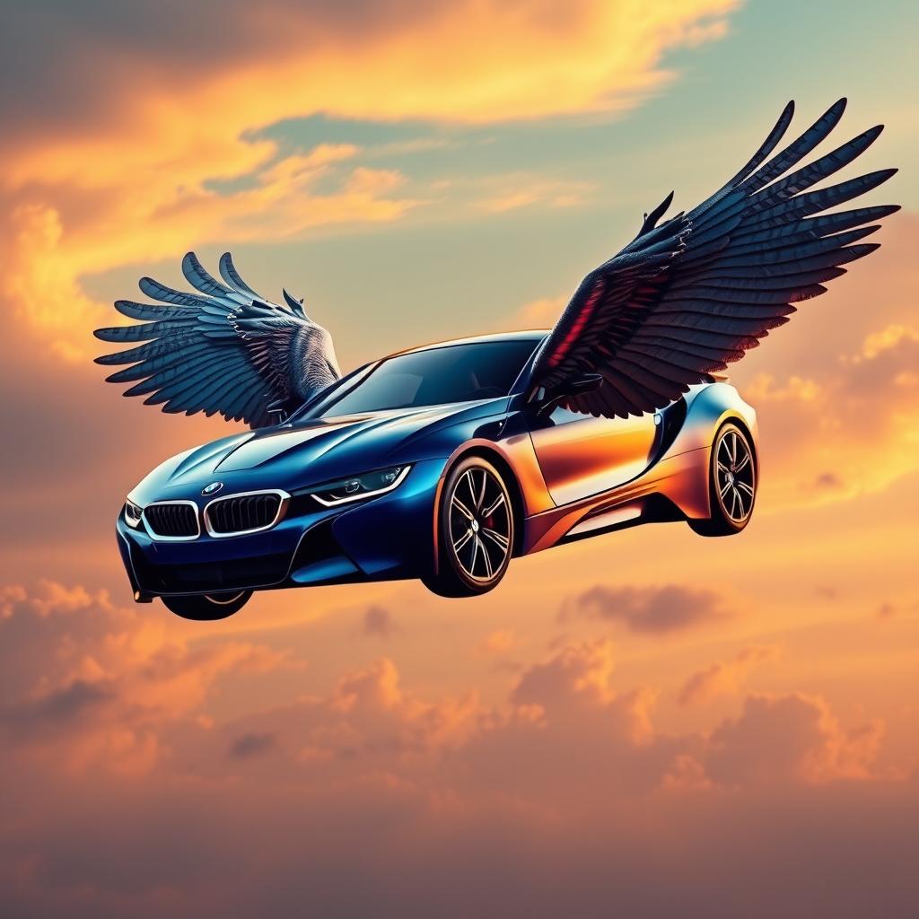 A stylized BMW car transformed into a majestic bird, showcasing sleek automotive lines blended seamlessly with intricate feather details