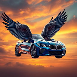 A stylized BMW car transformed into a majestic bird, showcasing sleek automotive lines blended seamlessly with intricate feather details