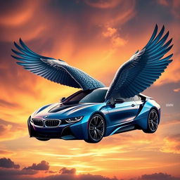 A stylized BMW car transformed into a majestic bird, showcasing sleek automotive lines blended seamlessly with intricate feather details
