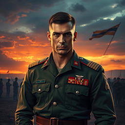 A powerful and charismatic army captain standing confidently in a military uniform, adorned with various medals and insignia, symbolizing bravery and leadership