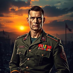 A powerful and charismatic army captain standing confidently in a military uniform, adorned with various medals and insignia, symbolizing bravery and leadership