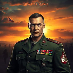 A powerful and charismatic army captain standing confidently in a military uniform, adorned with various medals and insignia, symbolizing bravery and leadership