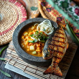 A vibrant, appetizing scene featuring a traditional Indonesian dish of pecelan tempe with grilled fish, presented beautifully in a cobek (stone mortar)