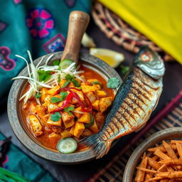 A vibrant, appetizing scene featuring a traditional Indonesian dish of pecelan tempe with grilled fish, presented beautifully in a cobek (stone mortar)