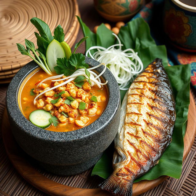 A vibrant, appetizing scene featuring a traditional Indonesian dish of pecelan tempe with grilled fish, presented beautifully in a cobek (stone mortar)