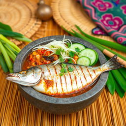 A vibrant, appetizing scene featuring a traditional Indonesian dish of pecelan tempe with grilled fish, presented beautifully in a cobek (stone mortar)