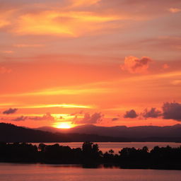 A breathtaking sunset over a serene landscape, with vibrant orange and pink hues painting the sky