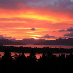 A breathtaking sunset over a serene landscape, with vibrant orange and pink hues painting the sky