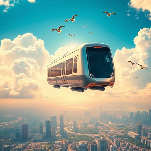 A futuristic subway train soaring through a vibrant sky filled with clouds and sunlight