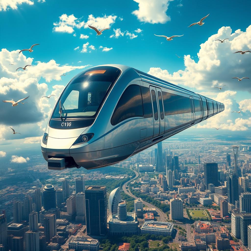 A futuristic subway train soaring through a vibrant sky filled with clouds and sunlight