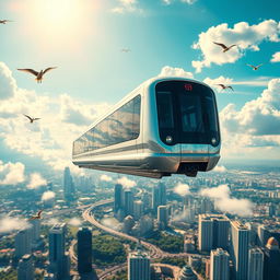 A futuristic subway train soaring through a vibrant sky filled with clouds and sunlight