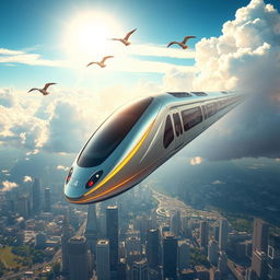 A futuristic subway train soaring through a vibrant sky filled with clouds and sunlight