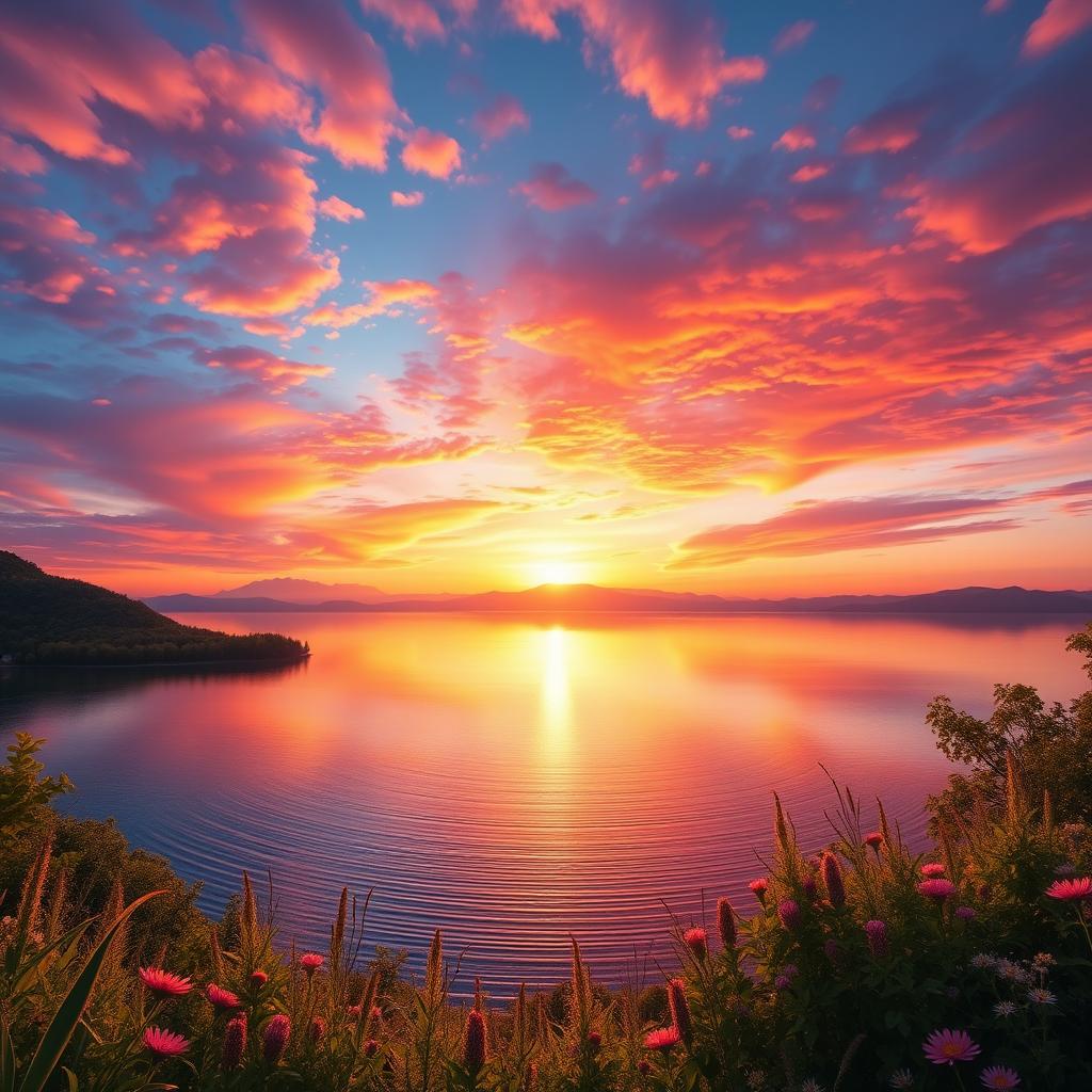 A beautifully edited digital image of a serene landscape, showcasing a vibrant sunset over a tranquil lake