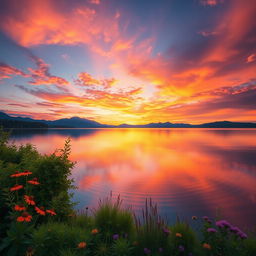 A beautifully edited digital image of a serene landscape, showcasing a vibrant sunset over a tranquil lake