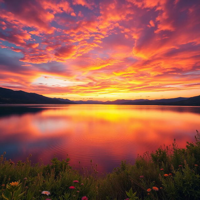 A beautifully edited digital image of a serene landscape, showcasing a vibrant sunset over a tranquil lake