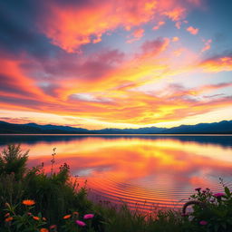 A beautifully edited digital image of a serene landscape, showcasing a vibrant sunset over a tranquil lake
