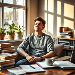 A young educated man sitting thoughtfully in a cozy room surrounded by books and academic papers