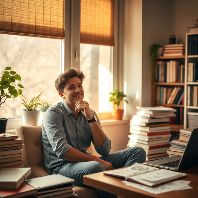 A young educated man sitting thoughtfully in a cozy room surrounded by books and academic papers