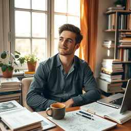 A young educated man sitting thoughtfully in a cozy room surrounded by books and academic papers