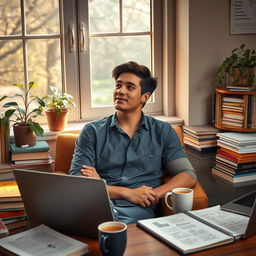 A young educated man sitting thoughtfully in a cozy room surrounded by books and academic papers