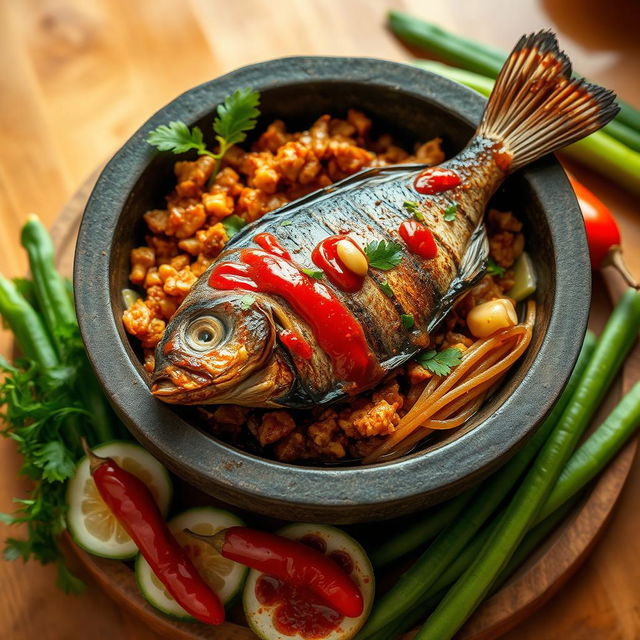 A captivating depiction of tempe and grilled fish seasoned with traditional Javanese pecel sauce, beautifully arranged in a cobek (stone mortar)