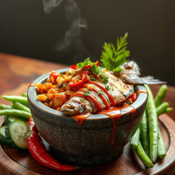 A captivating depiction of tempe and grilled fish seasoned with traditional Javanese pecel sauce, beautifully arranged in a cobek (stone mortar)