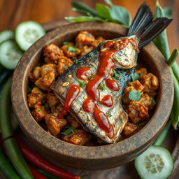 A captivating depiction of tempe and grilled fish seasoned with traditional Javanese pecel sauce, beautifully arranged in a cobek (stone mortar)
