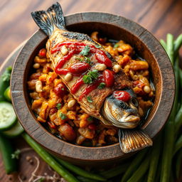 A captivating depiction of tempe and grilled fish seasoned with traditional Javanese pecel sauce, beautifully arranged in a cobek (stone mortar)