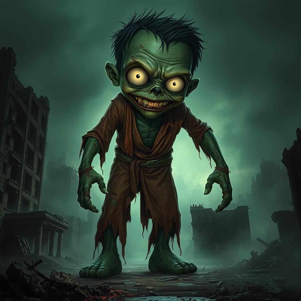 A giant zombie boy towering over a ruined cityscape, his skin green and decayed, with tattered clothes hanging loosely on his large frame