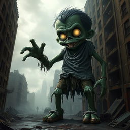 A giant zombie boy towering over a ruined cityscape, his skin green and decayed, with tattered clothes hanging loosely on his large frame