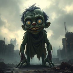 A giant zombie boy towering over a ruined cityscape, his skin green and decayed, with tattered clothes hanging loosely on his large frame