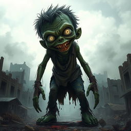 A giant zombie boy towering over a ruined cityscape, his skin green and decayed, with tattered clothes hanging loosely on his large frame