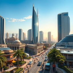 A realistic depiction of Damascus in the year 2050, showcasing a blend of modern architecture with historic structures