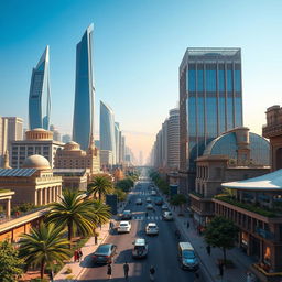 A realistic depiction of Damascus in the year 2050, showcasing a blend of modern architecture with historic structures