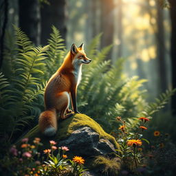 A cinematic depiction of a fox in a lush forest setting, showcasing the fox with vibrant orange fur, elegantly perched on a mossy rock amidst tall, green ferns and colorful wildflowers