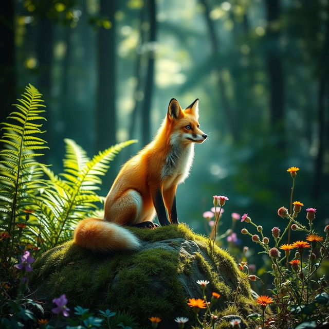 A cinematic depiction of a fox in a lush forest setting, showcasing the fox with vibrant orange fur, elegantly perched on a mossy rock amidst tall, green ferns and colorful wildflowers