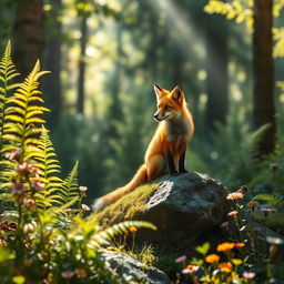 A cinematic depiction of a fox in a lush forest setting, showcasing the fox with vibrant orange fur, elegantly perched on a mossy rock amidst tall, green ferns and colorful wildflowers
