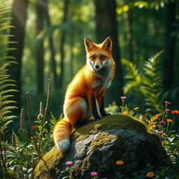 A cinematic depiction of a fox in a lush forest setting, showcasing the fox with vibrant orange fur, elegantly perched on a mossy rock amidst tall, green ferns and colorful wildflowers