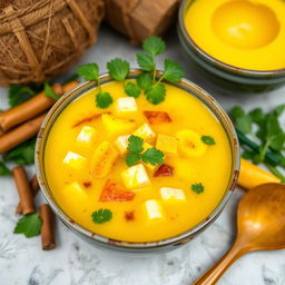 A visually appealing representation of orem-orem soup, featuring a rich yellow coconut milk base