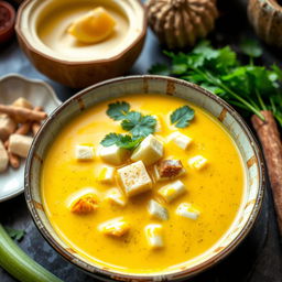 A visually appealing representation of orem-orem soup, featuring a rich yellow coconut milk base