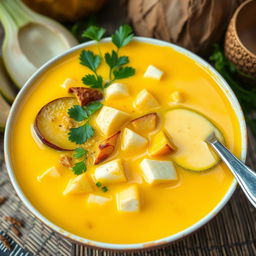 A visually appealing representation of orem-orem soup, featuring a rich yellow coconut milk base