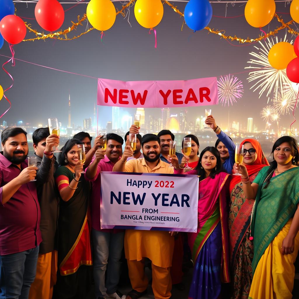 A festive New Year celebration scene featuring a group of diverse engineers from Bangladesh wearing traditional clothing, such as panjabis and sarees, gathered together